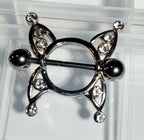 14G Butterfly Wing Nipple Shield – 316L Surgical Steel, Clear Rhinestones, Sold as Pair