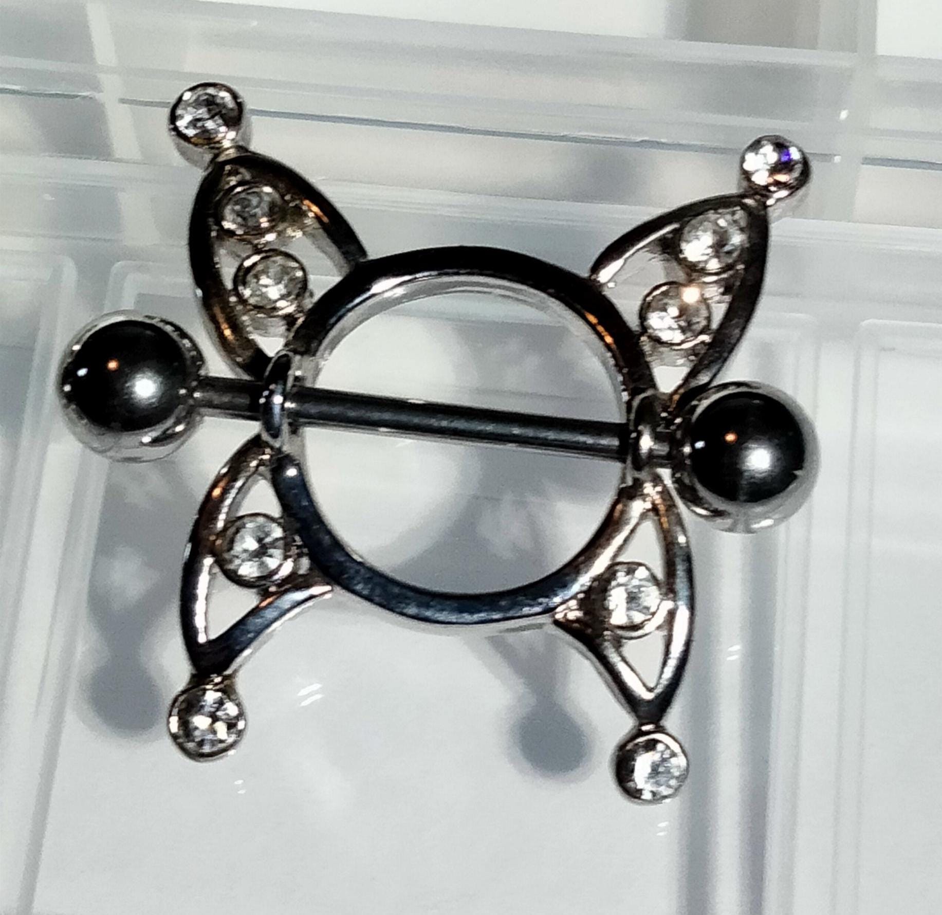 14G Butterfly Wing Nipple Shield – 316L Surgical Steel, Clear Rhinestones, Sold as Pair