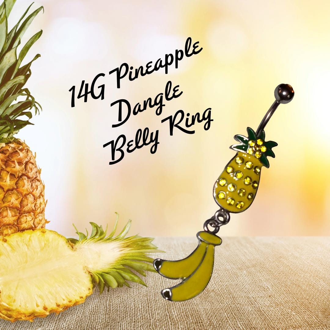14G Pineapple Dangle Belly Ring – Surgical Steel with Yellow Rhinestones