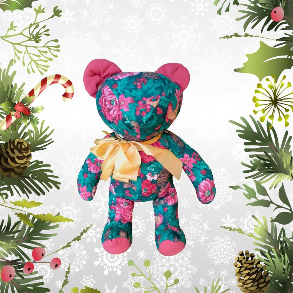 Vintage 1980s Riverdale Christmas Teddy Bear – Poinsettia Fabric, Made in USA, Mint Condition