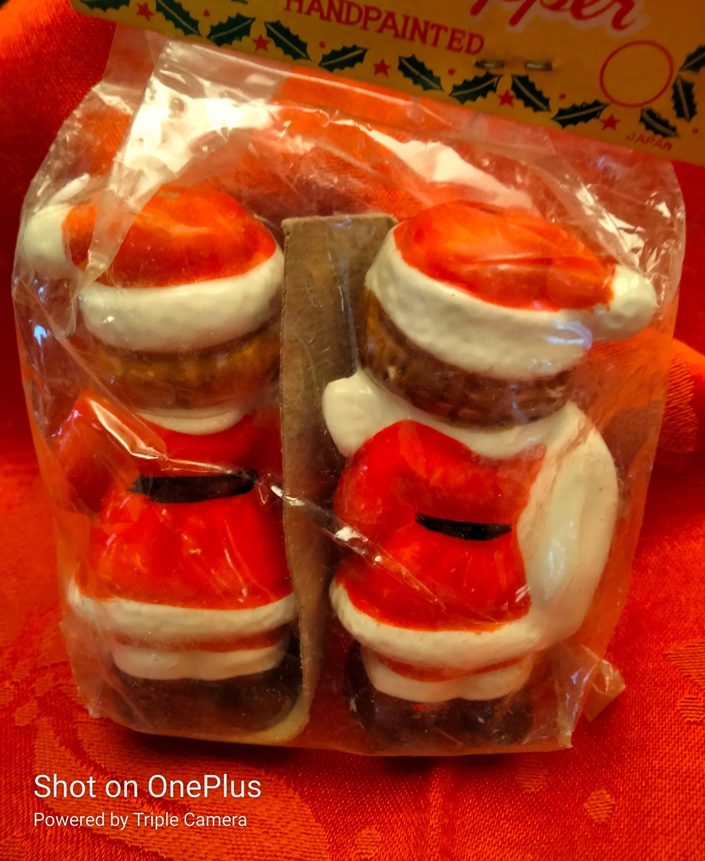 Vintage 1960s Santa & Mrs. Claus Salt & Pepper Shakers + 1970s Plaster Sheep Ornament – Original Packaging