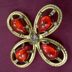 Vintage 1960s Signed Freirich Maltese Cross Brooch – Ruby Red Poured Glass & Rhinestones