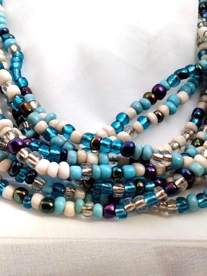 Vintage Nine-Strand Glass Bead Choker – Turquoise, Blue, Silver & More