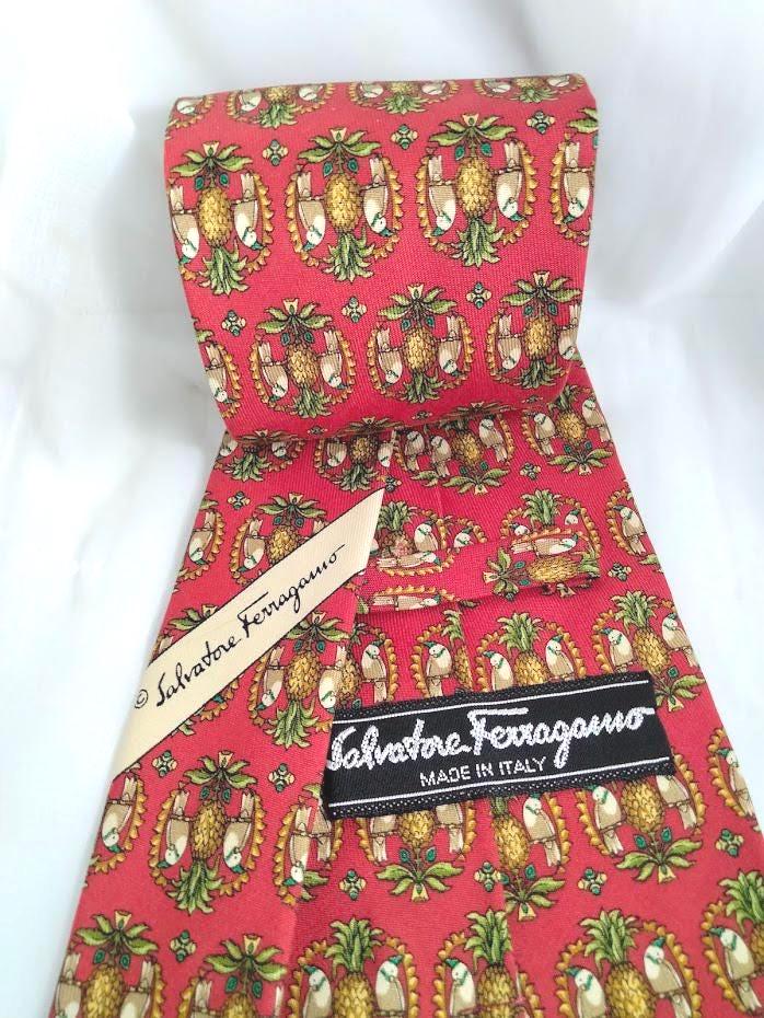 Vintage 1980s Salvatore Ferragamo Silk Necktie – Holiday Partridge & Pineapple Print, Made in Italy