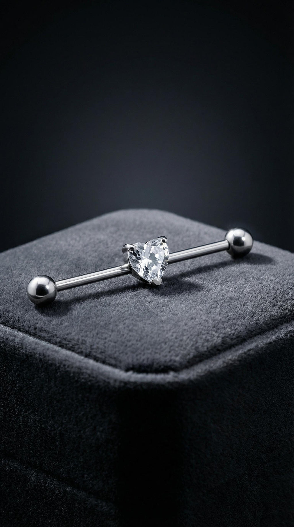 14G Industrial Barbell – Surgical Steel, Diamond-Like Heart Stone, Prong Set