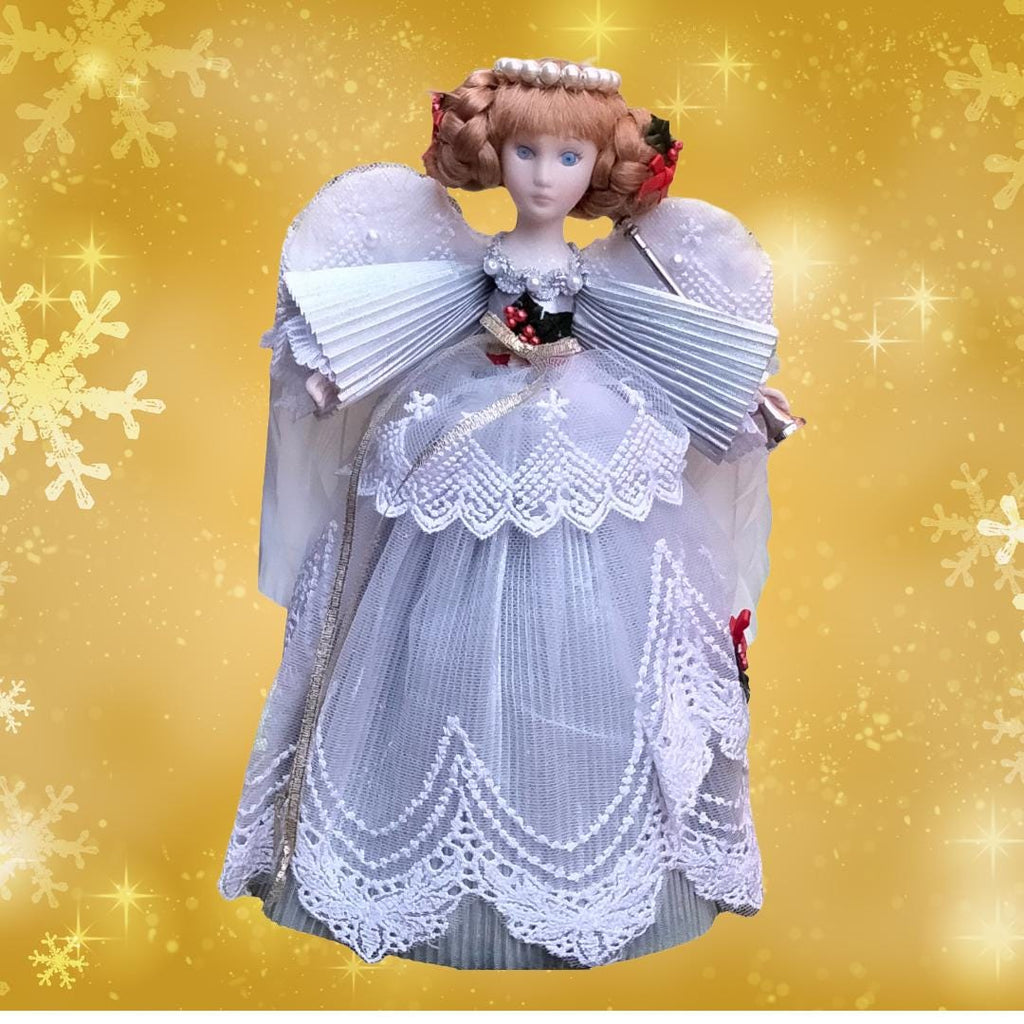 Vintage 1980s Bisque Christmas Angel Tree Topper – 10", Silver Gown & Real Feather Wings
