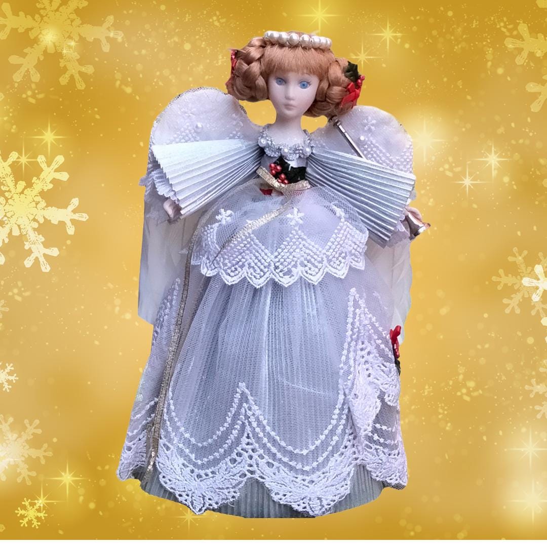 Vintage 1980s Bisque Christmas Angel Tree Topper – 10", Silver Gown & Real Feather Wings