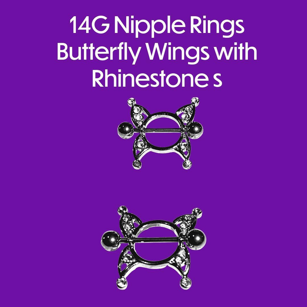 14G Butterfly Wing Nipple Shield – 316L Surgical Steel, Clear Rhinestones, Sold as Pair