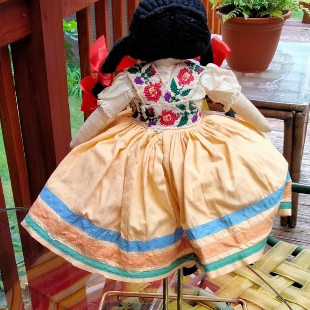 Vintage 1940s Mexican Festival Cloth Doll – 13" Handcrafted Heirloom Display Piece