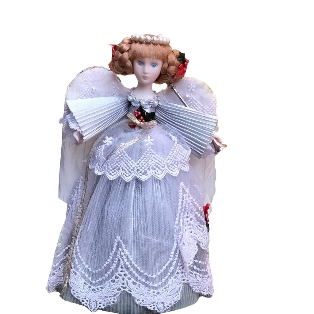 Vintage 1980s Bisque Christmas Angel Tree Topper – 10", Silver Gown & Real Feather Wings
