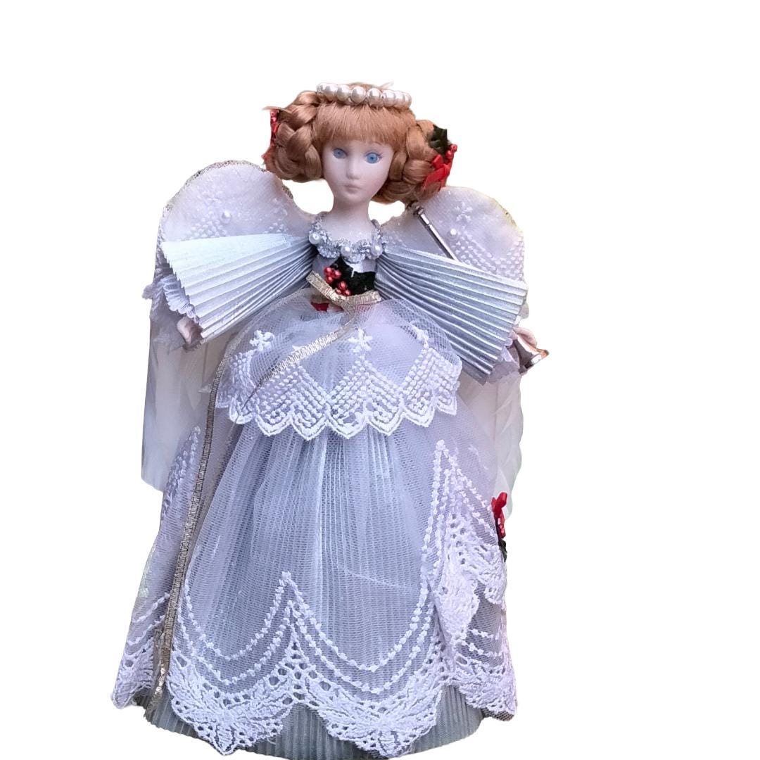 Vintage 1980s Bisque Christmas Angel Tree Topper – 10", Silver Gown & Real Feather Wings