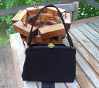Vintage Black Wool Handbag – Gold Tone Clasp, Black Satin Lining, Never Carried