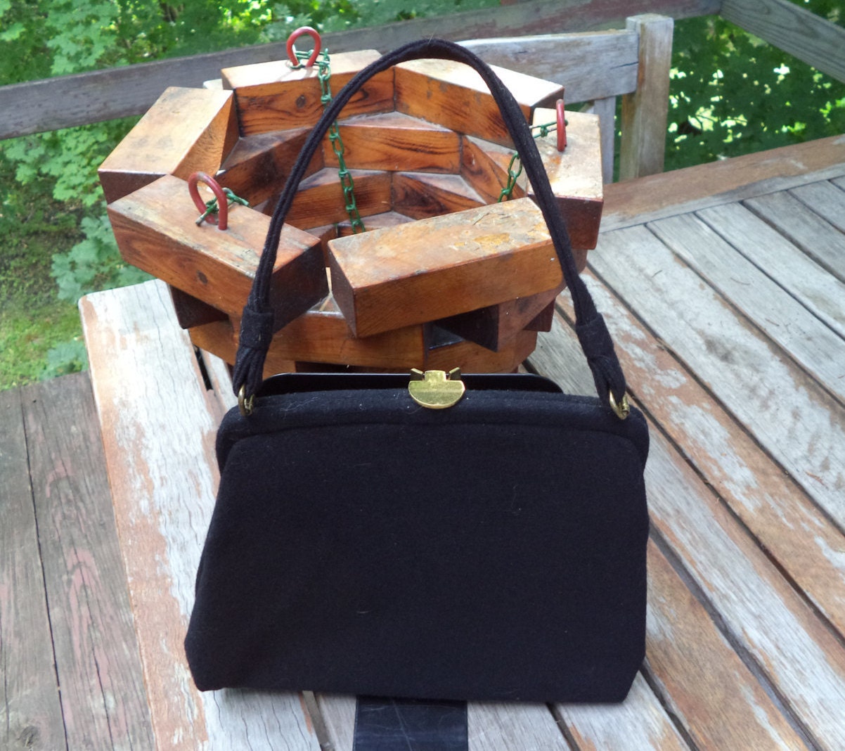 Vintage Black Wool Handbag – Gold Tone Clasp, Black Satin Lining, Never Carried