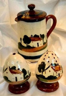 Vintage Watcombe Torquay Motto Ware Salt, Pepper & Creamer Set – Hand-Painted, Made in England