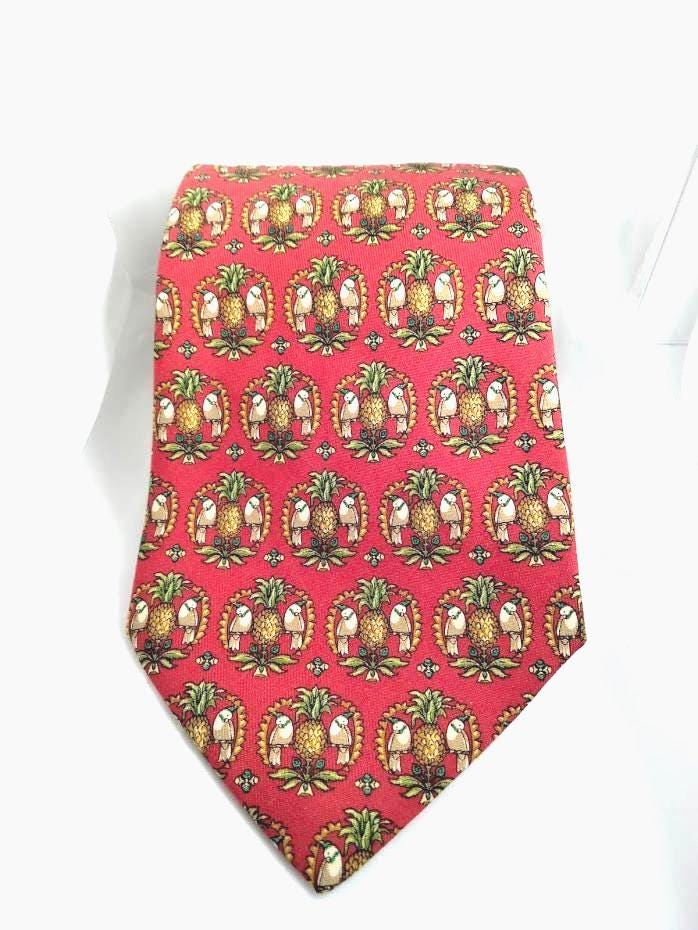 Vintage 1980s Salvatore Ferragamo Silk Necktie – Holiday Partridge & Pineapple Print, Made in Italy