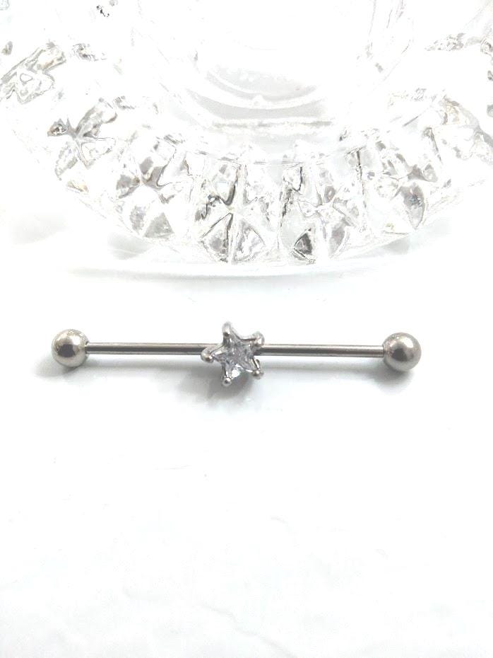 14G Star Industrial Barbell – Surgical Steel, Diamond-Like 5/16" Star Stone