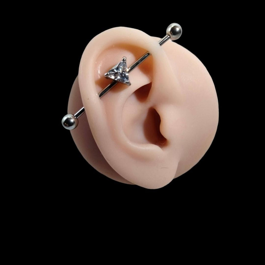 14G Industrial Barbell – Surgical Steel, Diamond-Like Triangle Stone, Scaffold & Cartilage