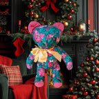 Vintage 1980s Riverdale Christmas Teddy Bear – Poinsettia Fabric, Made in USA, Mint Condition