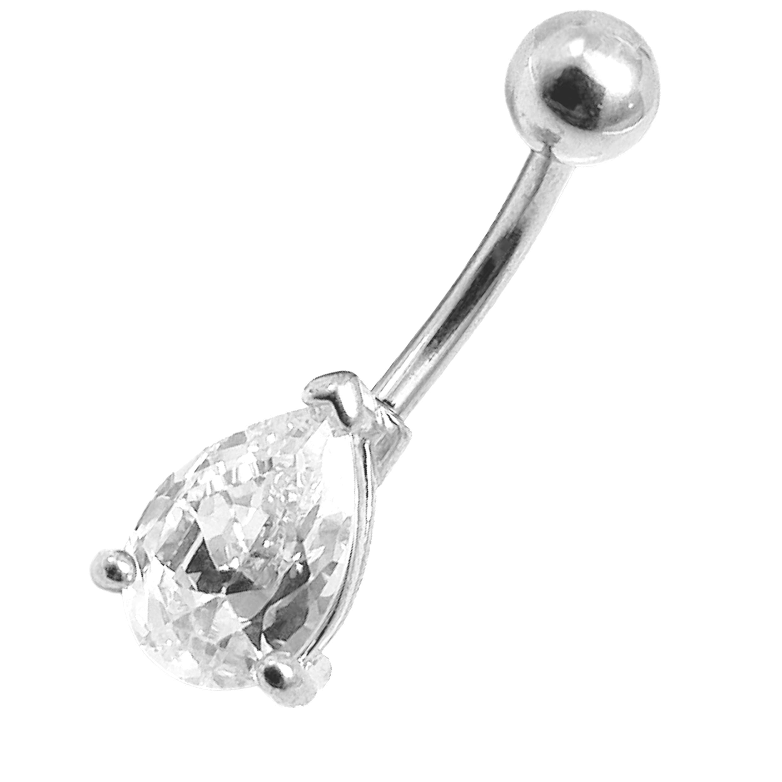 Teardrop Belly Ring – 14G Diamond-Like Prong Setting, Surgical Steel