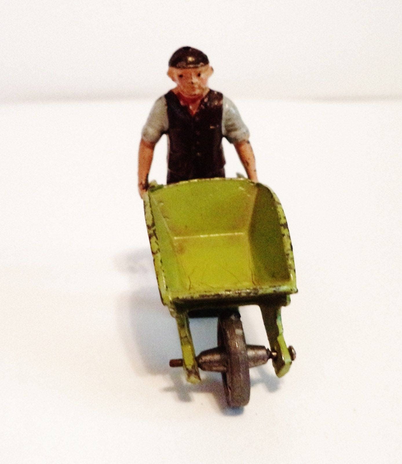 Antique Train Conductor Figurine with Wheelbarrow – J. Hill & Co. Die-Cast, 1950s England
