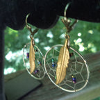 Vintage Handmade Dreamcatcher Earrings – Silver Wire, Gold Feather & Seed Beads