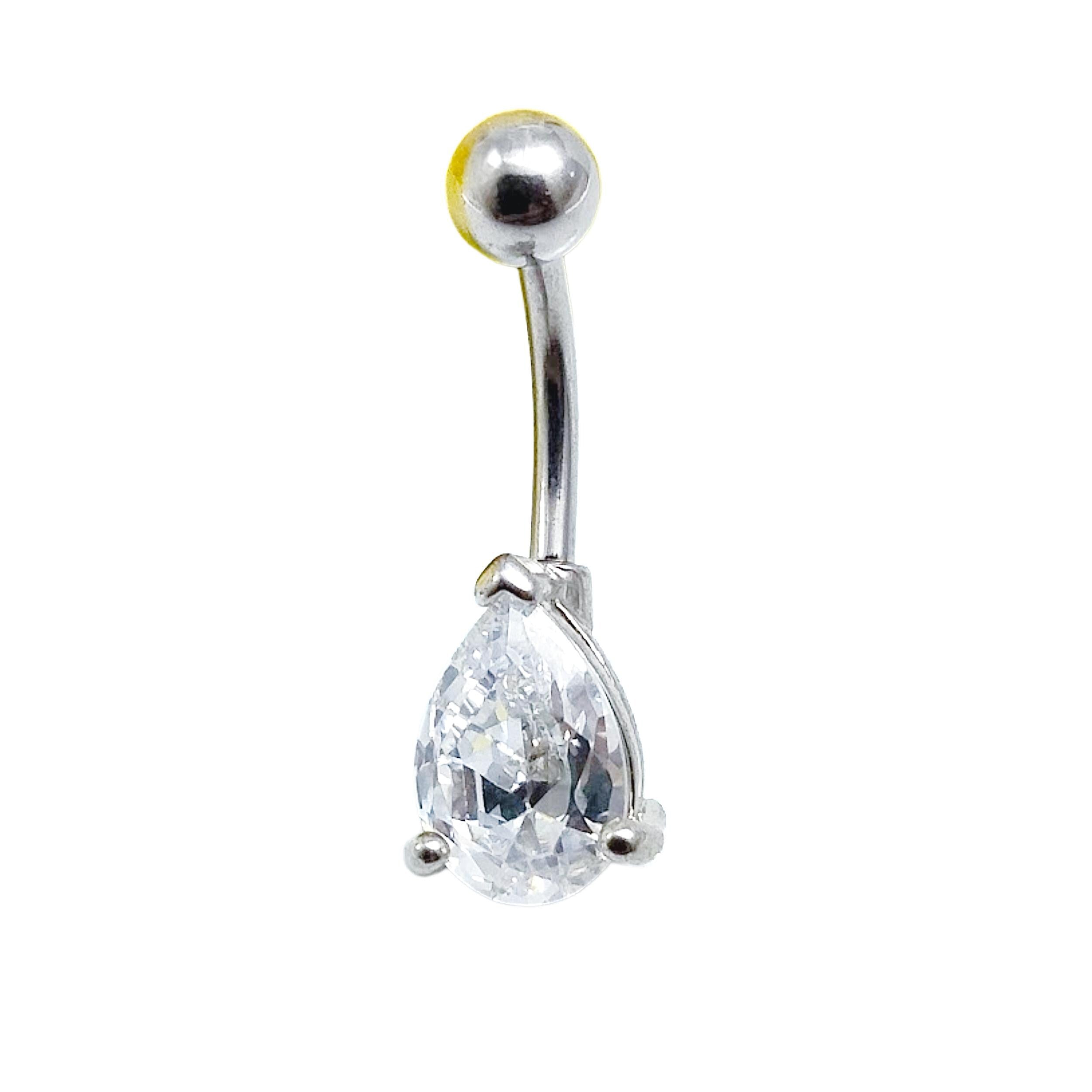 Teardrop Belly Ring – 14G Diamond-Like Prong Setting, Surgical Steel