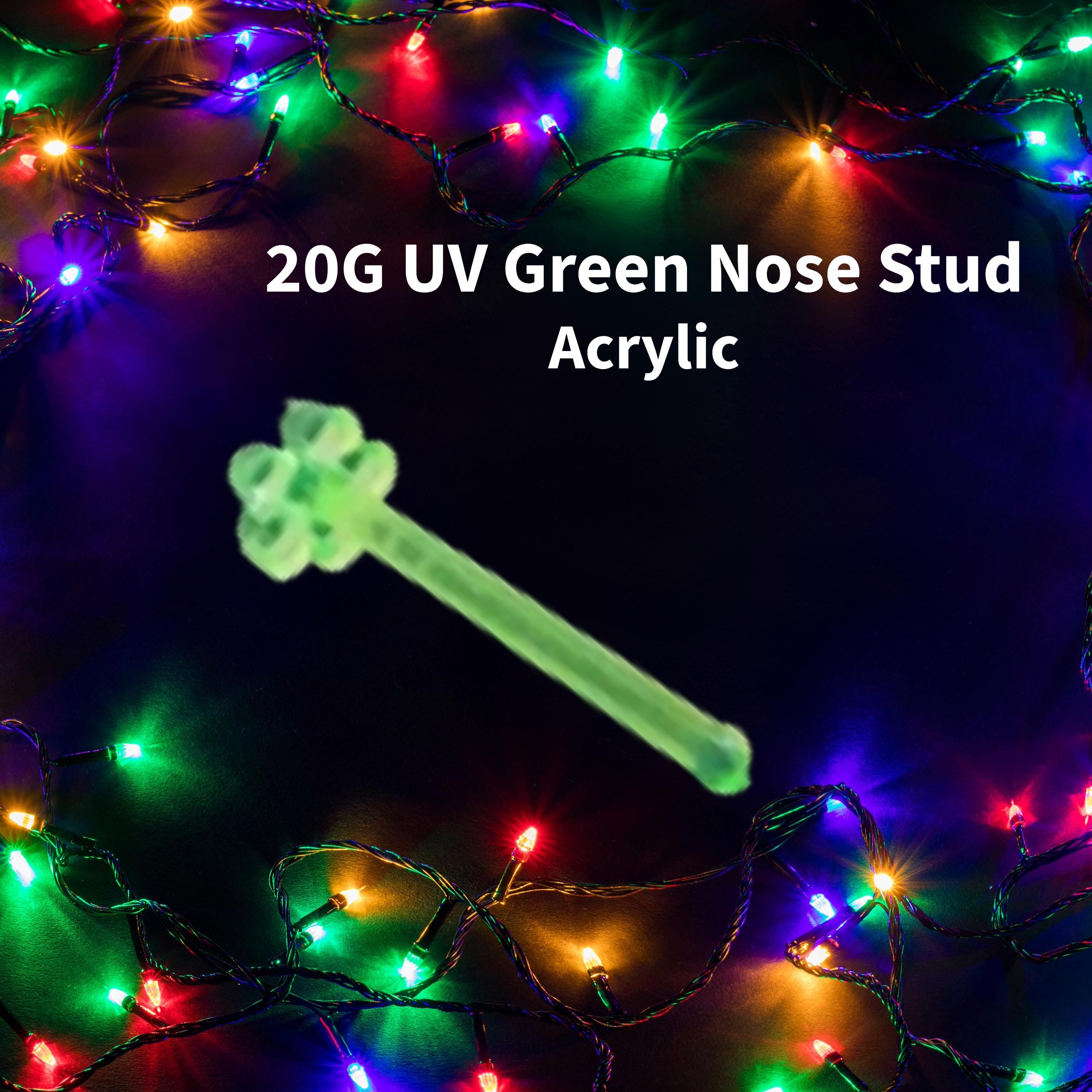 20G Green Acrylic Flower Nose Stud, UV Reactive (10mm Post)