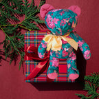 Vintage 1980s Riverdale Christmas Teddy Bear – Poinsettia Fabric, Made in USA, Mint Condition