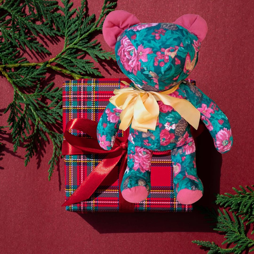 Vintage 1980s Riverdale Christmas Teddy Bear – Poinsettia Fabric, Made in USA, Mint Condition