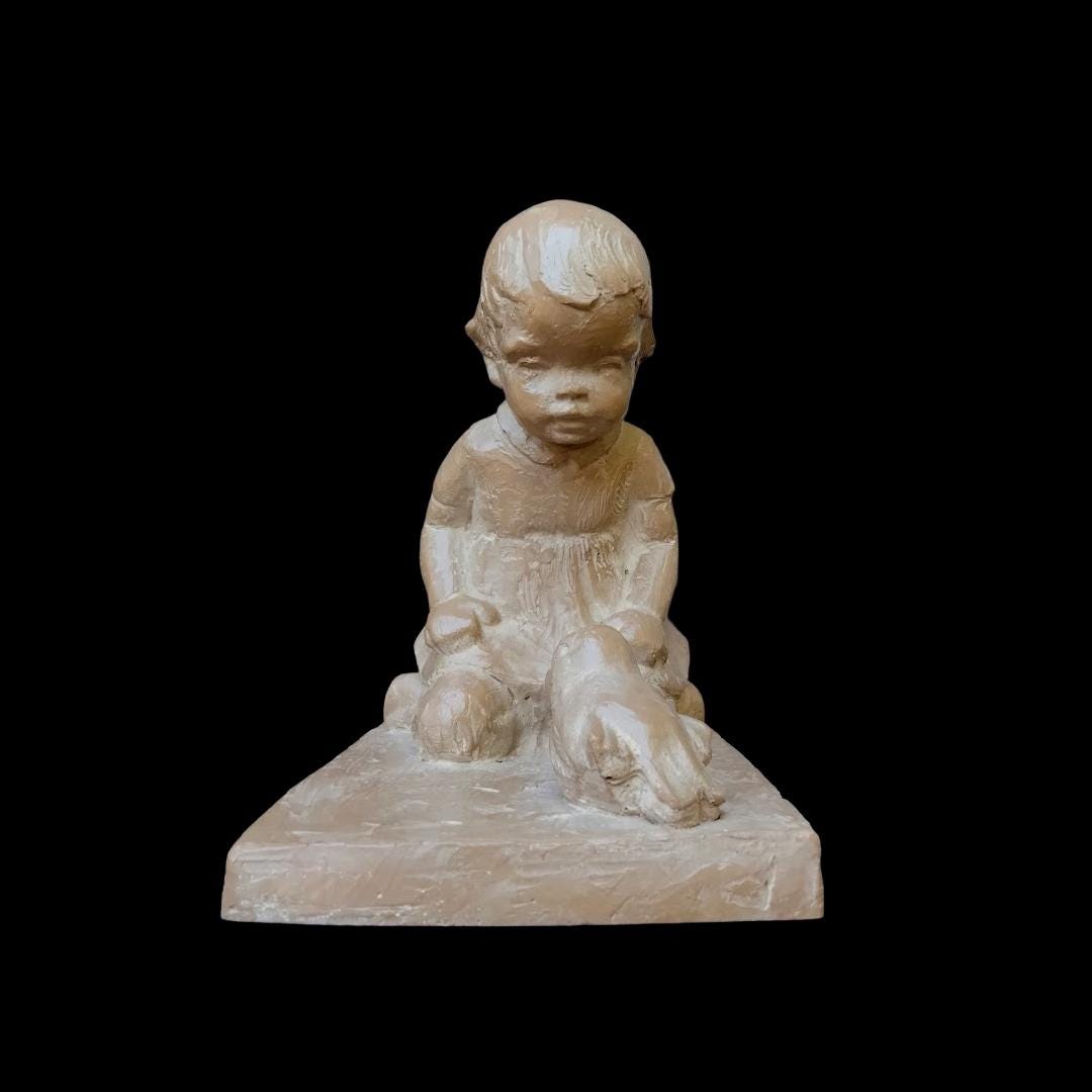 Vintage Haeger Ceramic Sculpture – Martie Strubel “Magical Moment” Kneeling Girl with Bird, 1980s