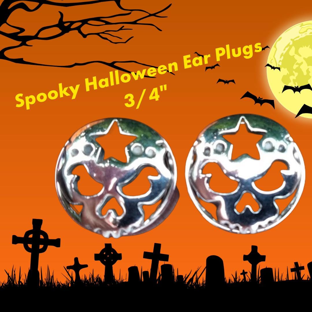3/4" Stainless Steel Evil Pumpkin Double Flare Flesh Tunnel – Rhinestones, Halloween