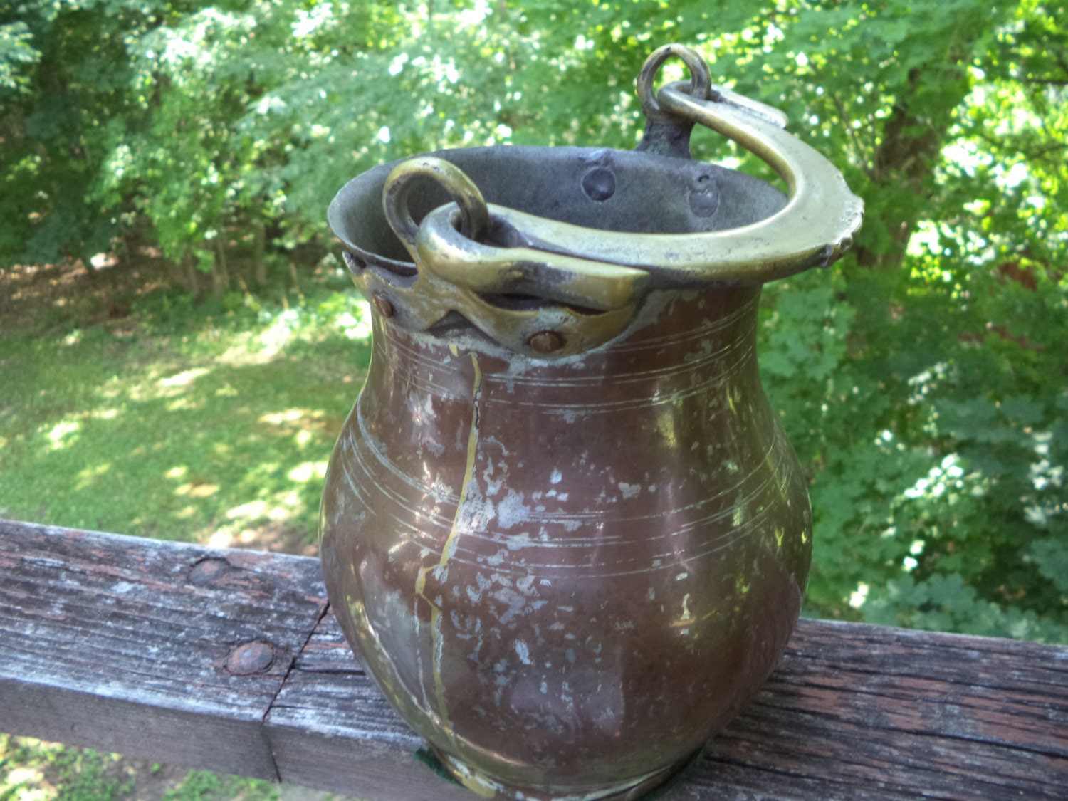 Antique Handmade Metal Bucket – Curved Pail with Gold Tone Handle & Original Hardware