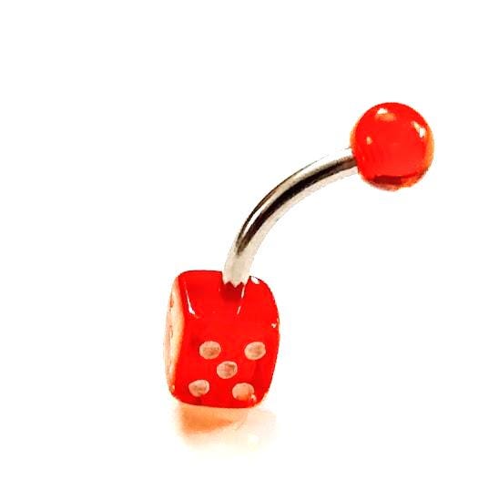 14G UV Reactive Red Dice Belly Ring – Surgical Steel Curved Barbell, 5/8"