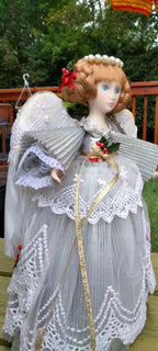 Vintage 1980s Bisque Christmas Angel Tree Topper – 10", Silver Gown & Real Feather Wings