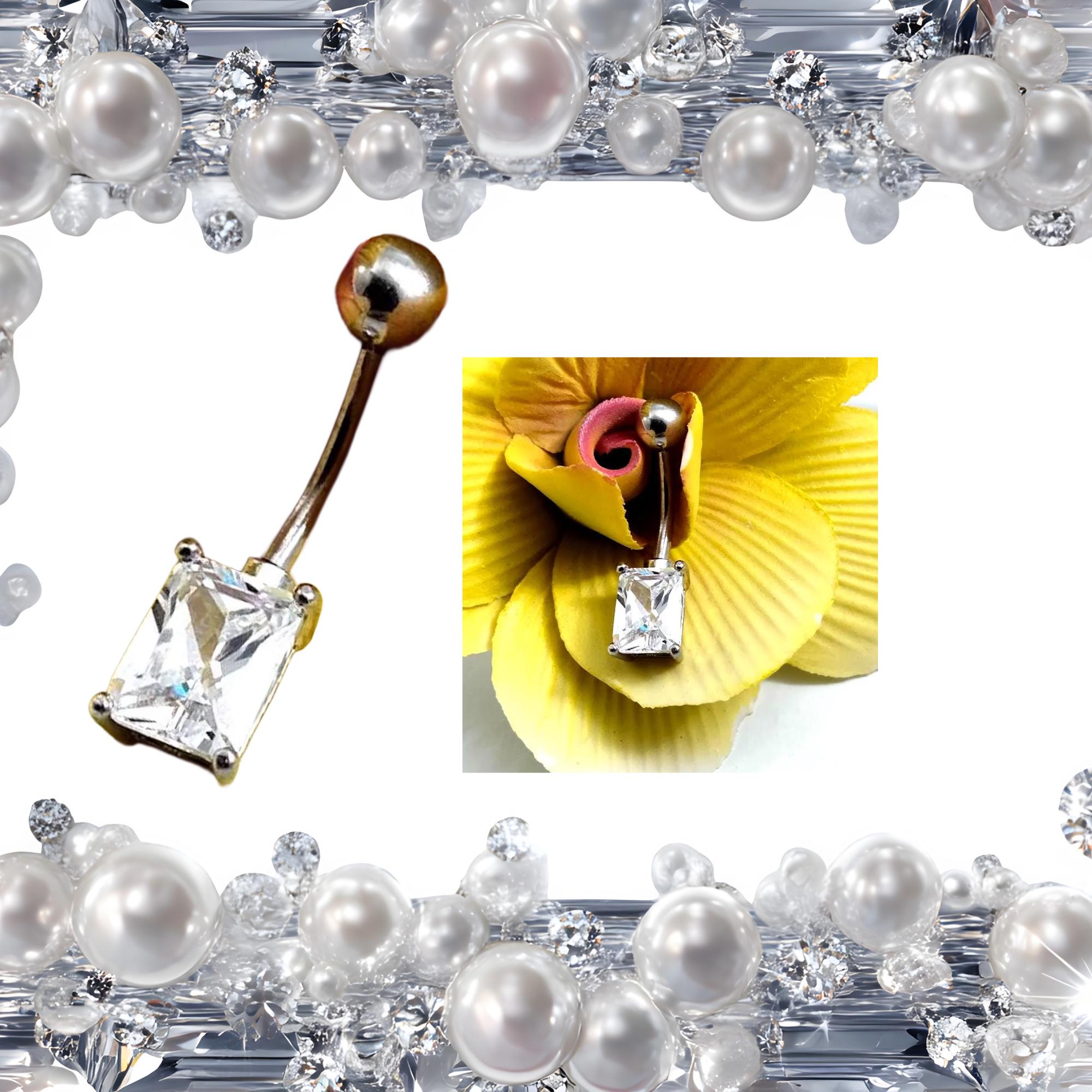 14G Faux Diamond Square Belly Ring – Dainty 1/4" Stone, 316L Surgical Steel