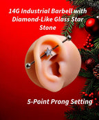 14G Star Industrial Barbell – Surgical Steel, Diamond-Like 5/16" Star Stone