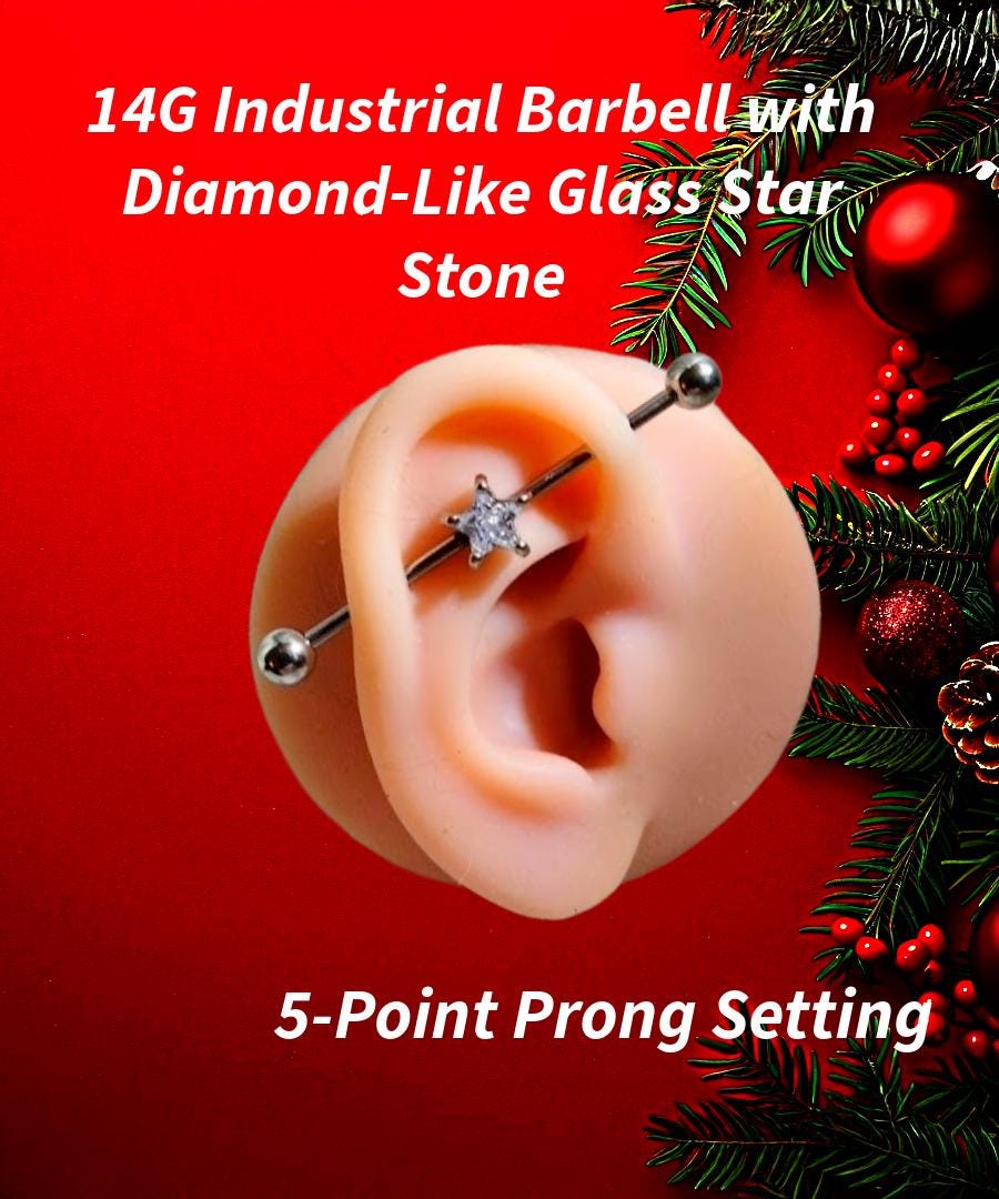 14G Star Industrial Barbell – Surgical Steel, Diamond-Like 5/16" Star Stone
