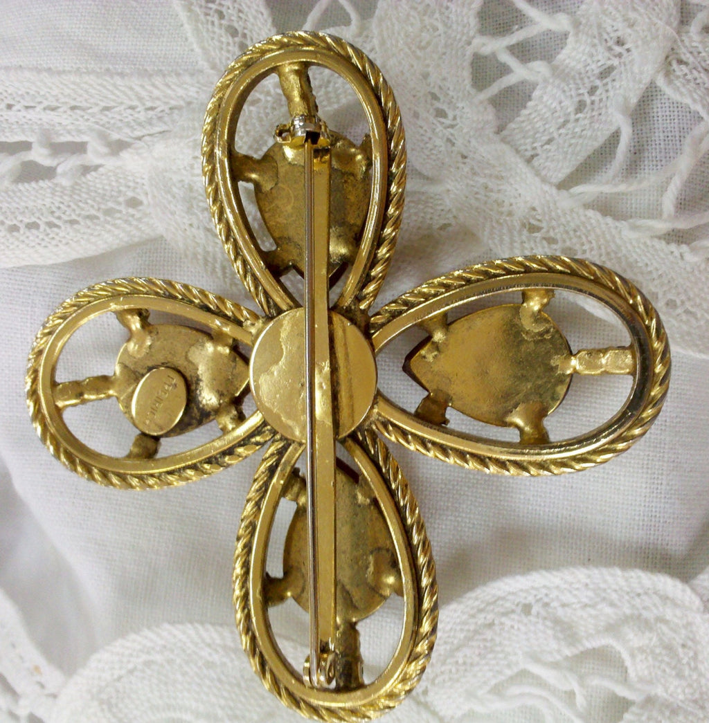 Vintage 1960s Signed Freirich Maltese Cross Brooch – Ruby Red Poured Glass & Rhinestones