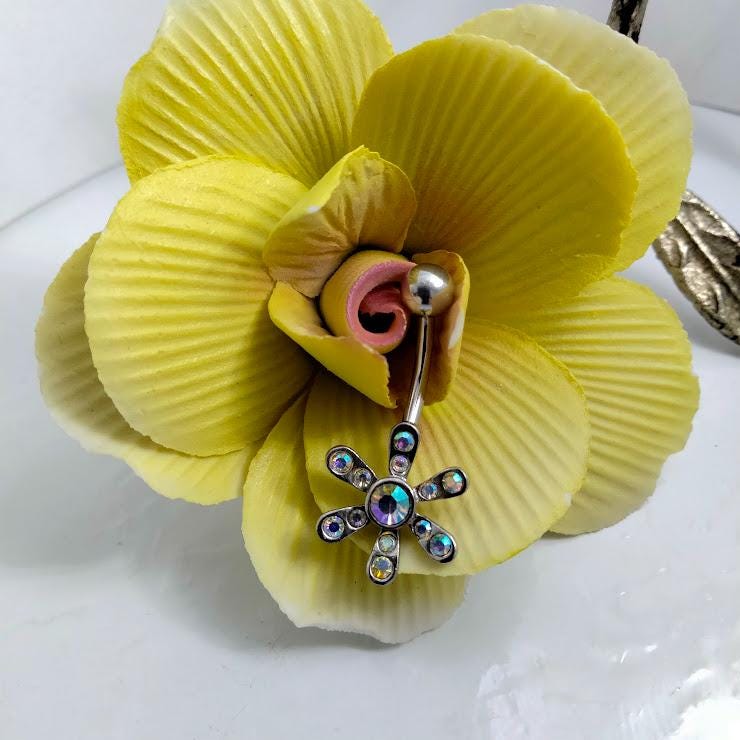 Aurora Borealis Flower Belly Ring – 14G Surgical Steel