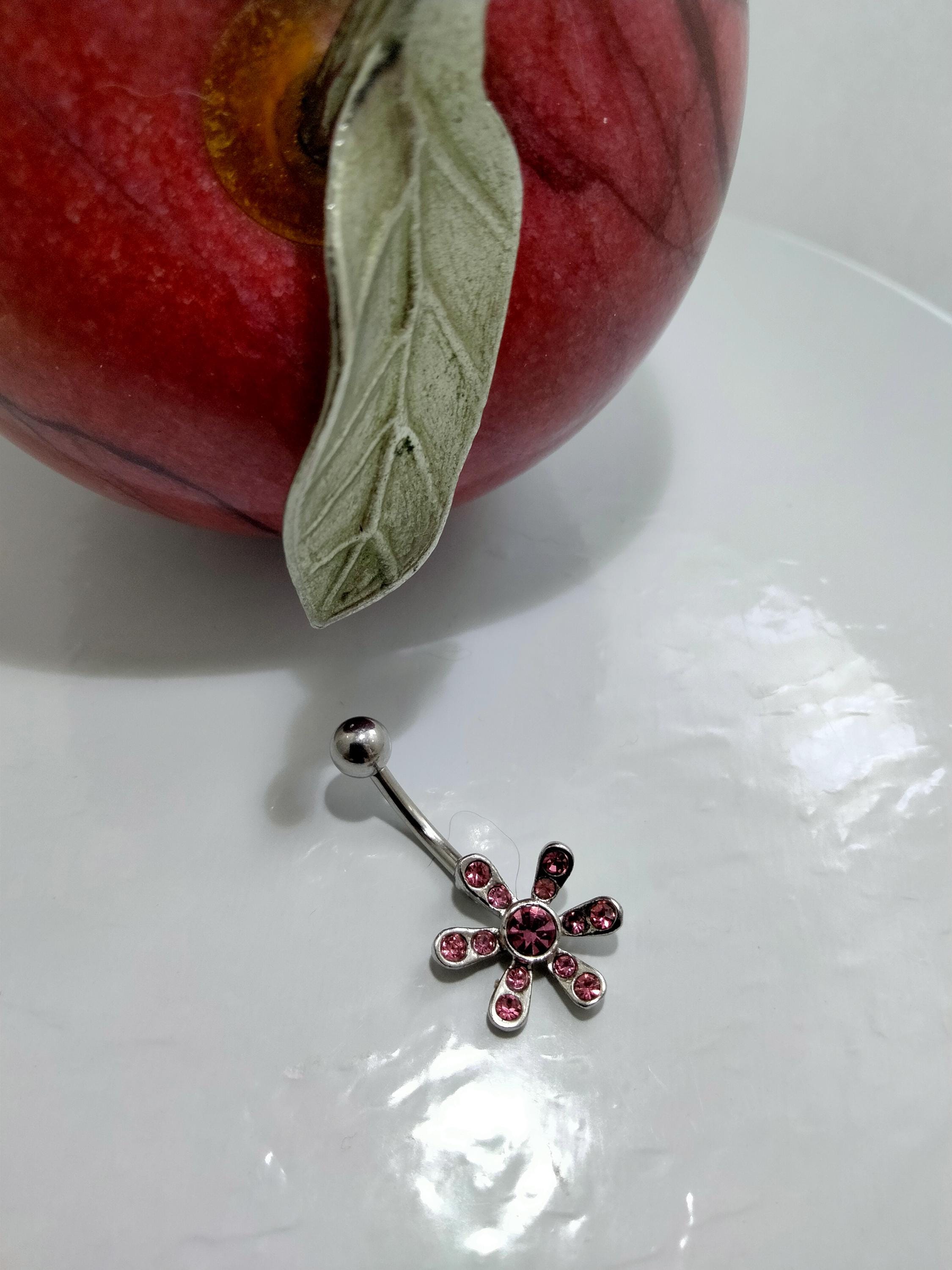 Pink Flower Belly Ring – 14G Rhinestone Navel Jewelry, Surgical Steel
