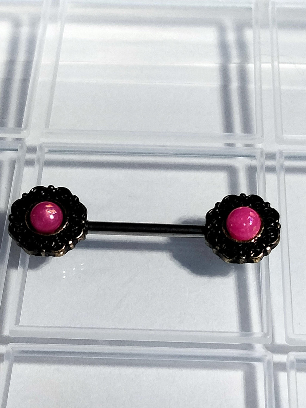 14G Faux Moonstone Nipple Rings – 316L Surgical Steel, Pink-Rouge Cabochon, Sold as Pair