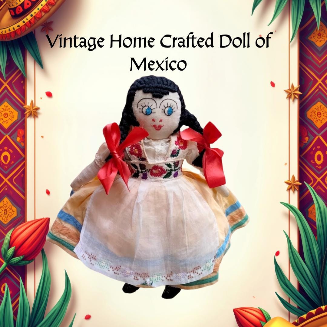 Vintage 1940s Mexican Festival Cloth Doll – 13" Handcrafted Heirloom Display Piece