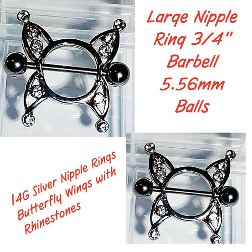 14G Butterfly Wing Nipple Shield – 316L Surgical Steel, Clear Rhinestones, Sold as Pair