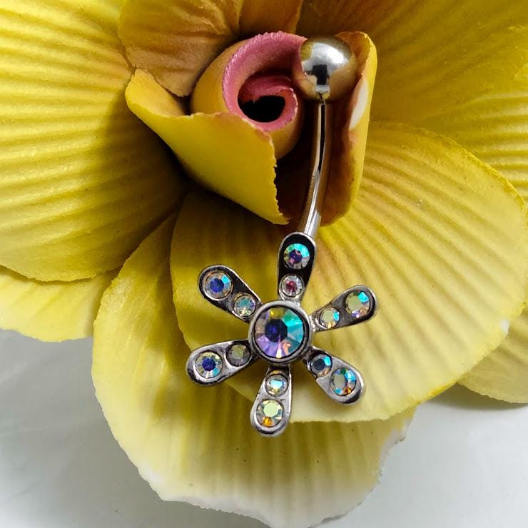 Aurora Borealis Flower Belly Ring – 14G Surgical Steel