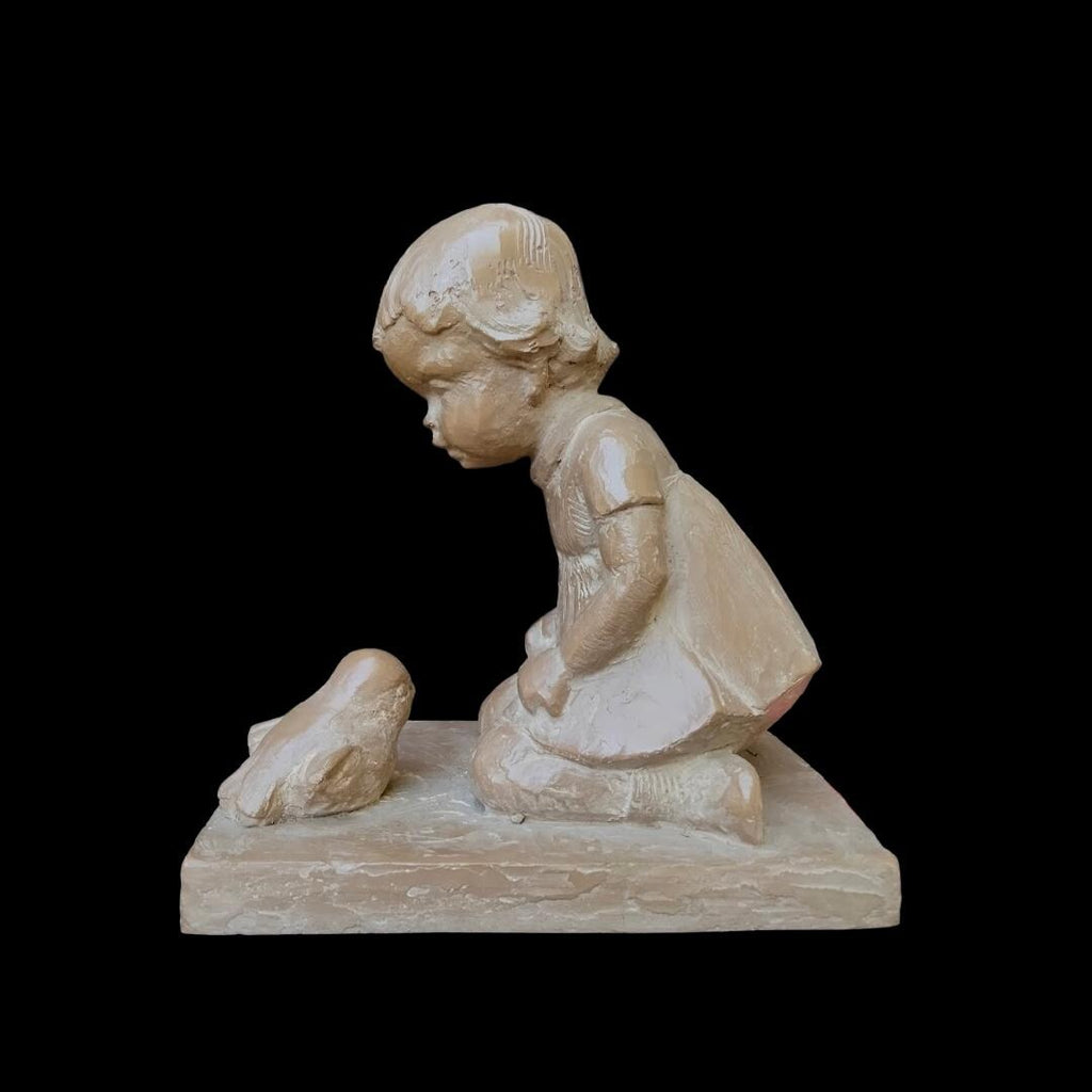Vintage Haeger Ceramic Sculpture – Martie Strubel “Magical Moment” Kneeling Girl with Bird, 1980s