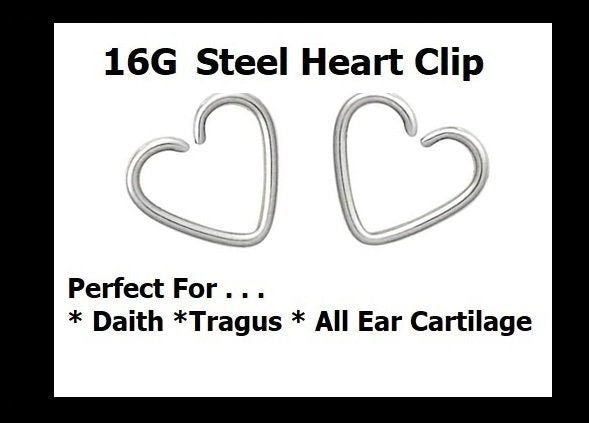16G Heart Clip Earring – Stainless Steel, Daith, Tragus & Cartilage