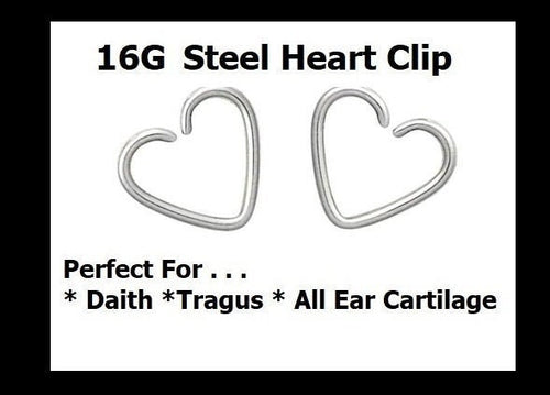 16G Heart Clip Earring – Stainless Steel, Daith, Tragus & Cartilage