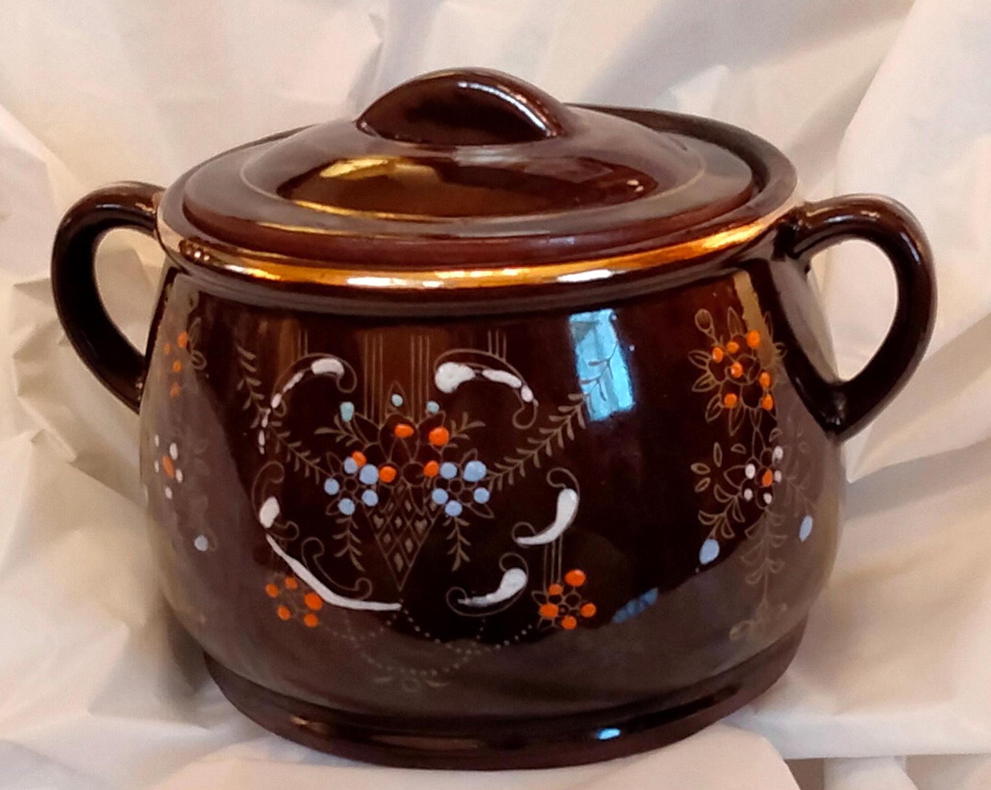 Antique Japanese Moriage Redware Bean & Rice Crock Set – 3-Piece with Gold Trim, Made in Japan