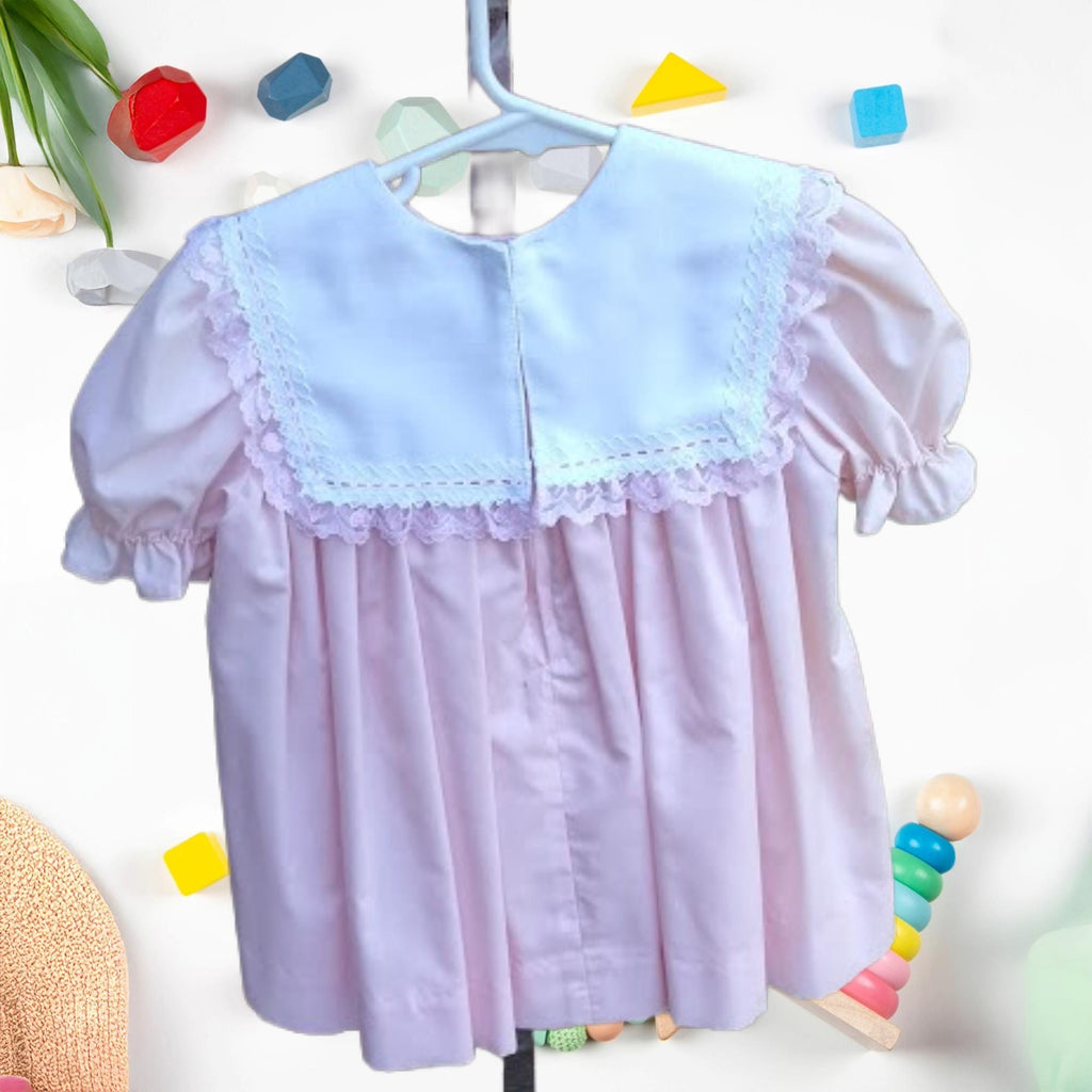 Vintage Handmade Pink Linen Toddler Dress – 2T, Lace Collar & Ribbon Trim