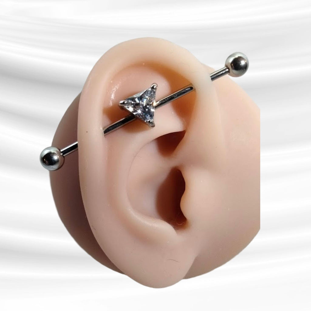 14G Industrial Barbell – Surgical Steel, Diamond-Like Triangle Stone, Scaffold & Cartilage